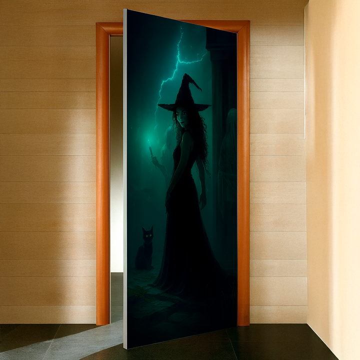 Funda puerta bruja de Halloween en una puerta de habitación entreabierta