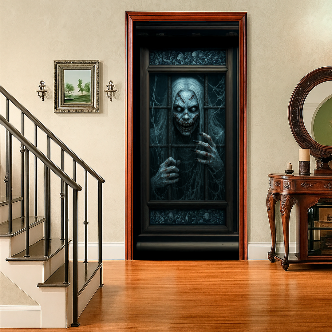 Funda puerta vieja de Halloween puesta en una puerta interior junto a la escalera