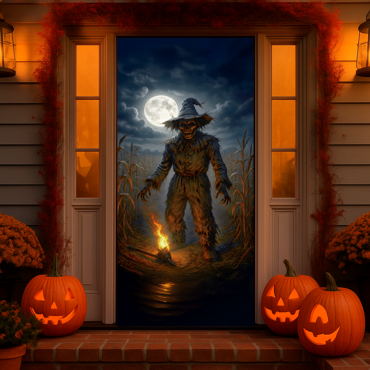 Funda puerta espantapájaros de Halloween puesta en la puerta de entrada de una casa decorada con calabazas