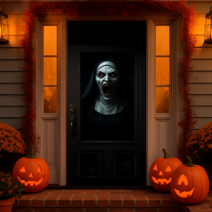 Funda puerta monja de Halloween puesta en la puerta de entrada de una casa decorada con calabazas