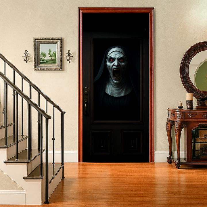 Funda puerta monja de Halloween puesta en una puerta interior junto a la escalera