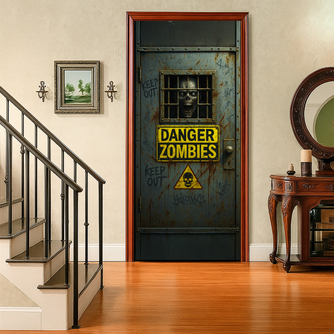 Funda puerta zombie de Halloween puesta en una puerta interior junto a la escalera
