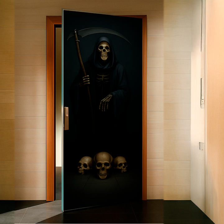 Funda puerta muerte de Halloween en una puerta de habitación entreabierta