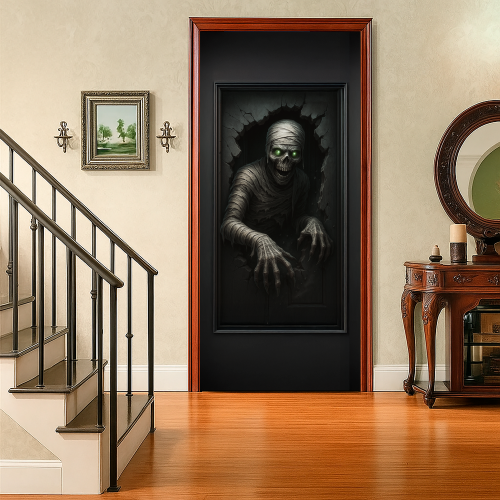 Funda puerta momia de Halloween puesta en una puerta interior junto a la escalera