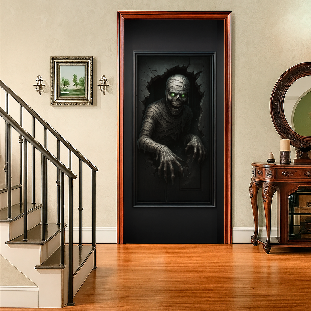 Funda puerta momia de Halloween puesta en una puerta interior junto a la escalera