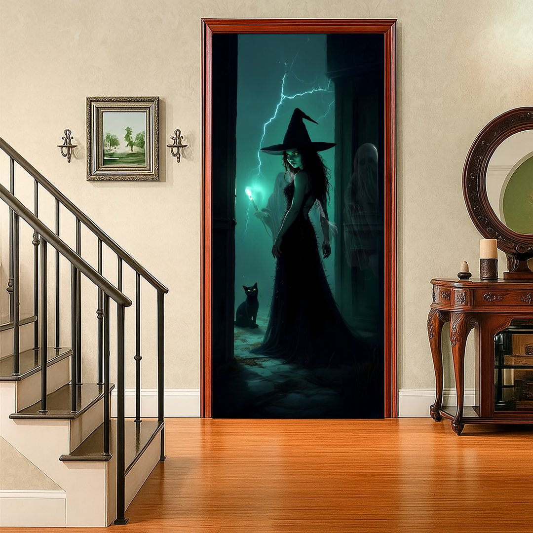 Funda puerta bruja de Halloween puesta en una puerta interior junto a la escalera