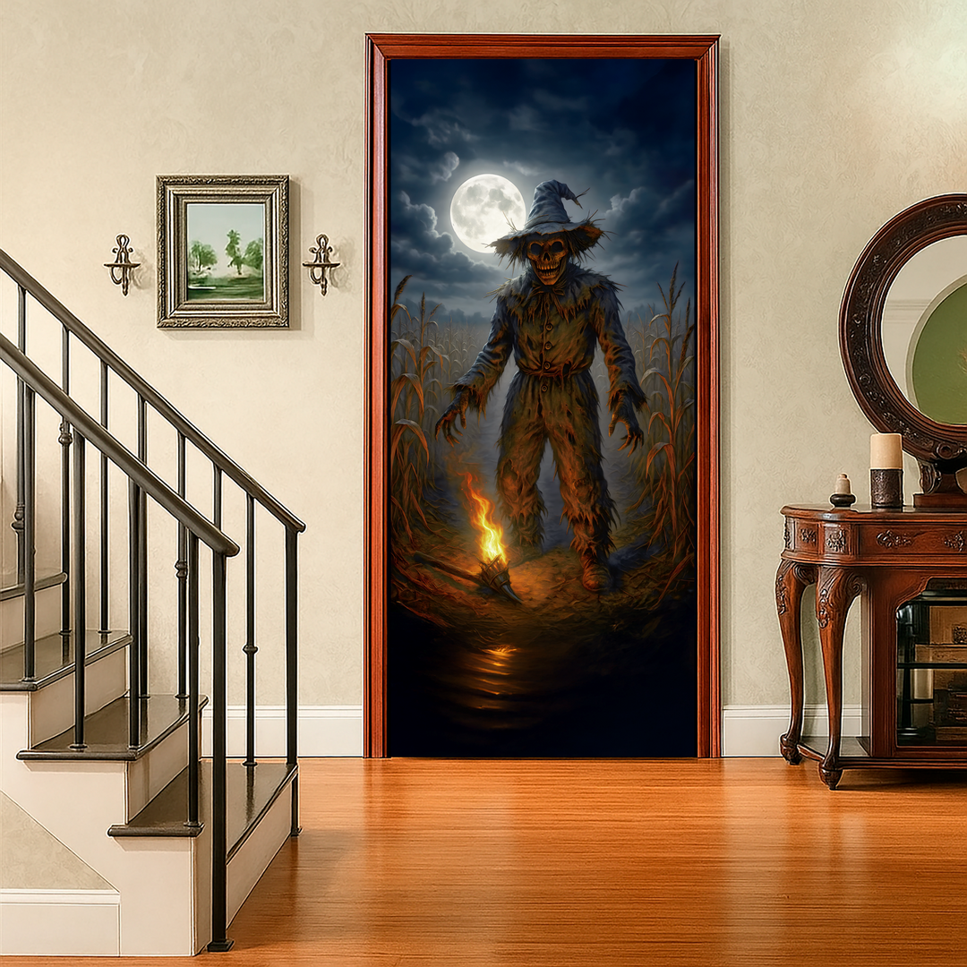 Funda puerta espantapájaros de Halloween puesta en una puerta interior junto a la escalera