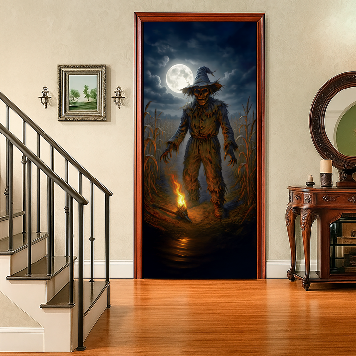 Funda puerta espantapájaros de Halloween puesta en una puerta interior junto a la escalera