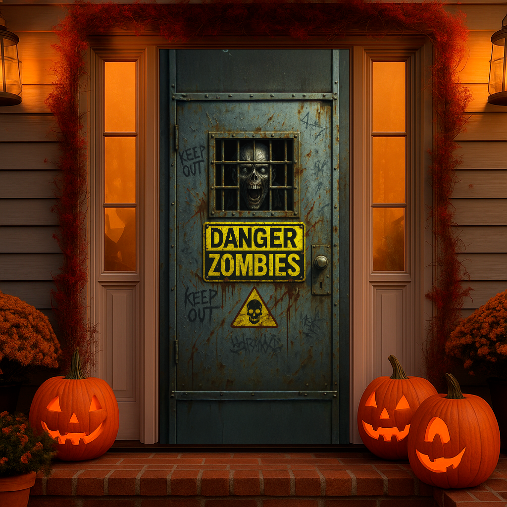 Funda puerta zombie de Halloween puesta en la puerta de entrada de una casa decorada con calabazas