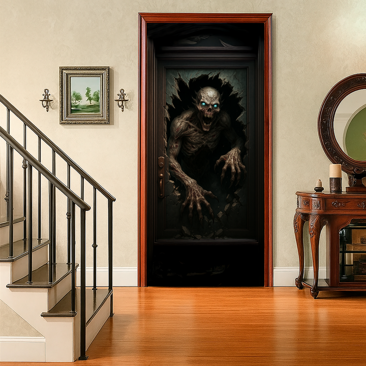Funda puerta monstruo de Halloween puesta en una puerta interior junto a la escalera