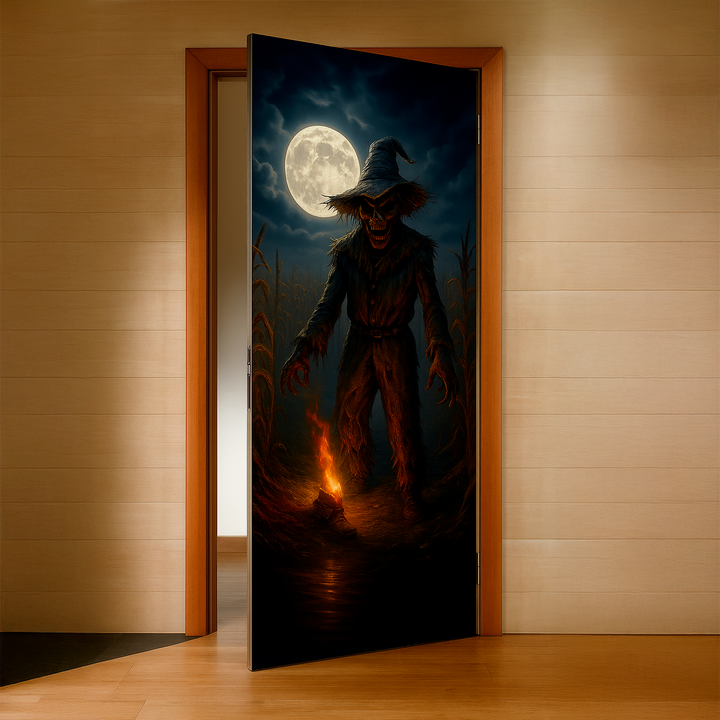 Funda puerta espantapájaros de Halloween en una puerta de habitación entreabierta
