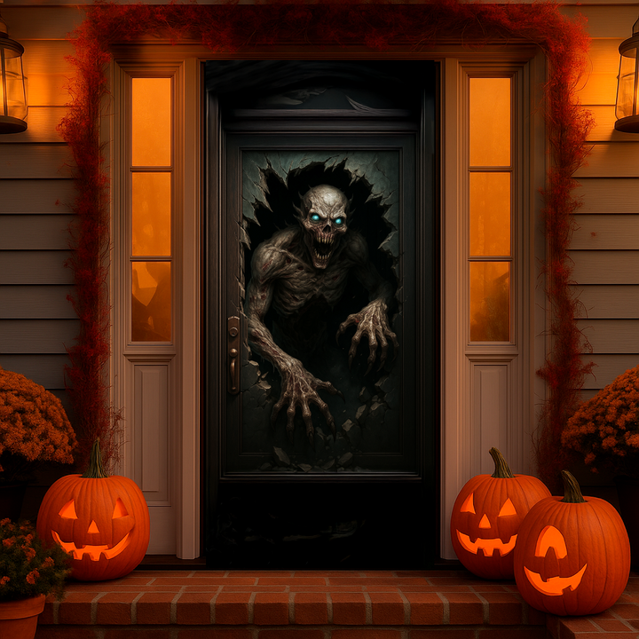 Funda puerta monstruo de Halloween puesta en la puerta de entrada de una casa decorada con calabazas