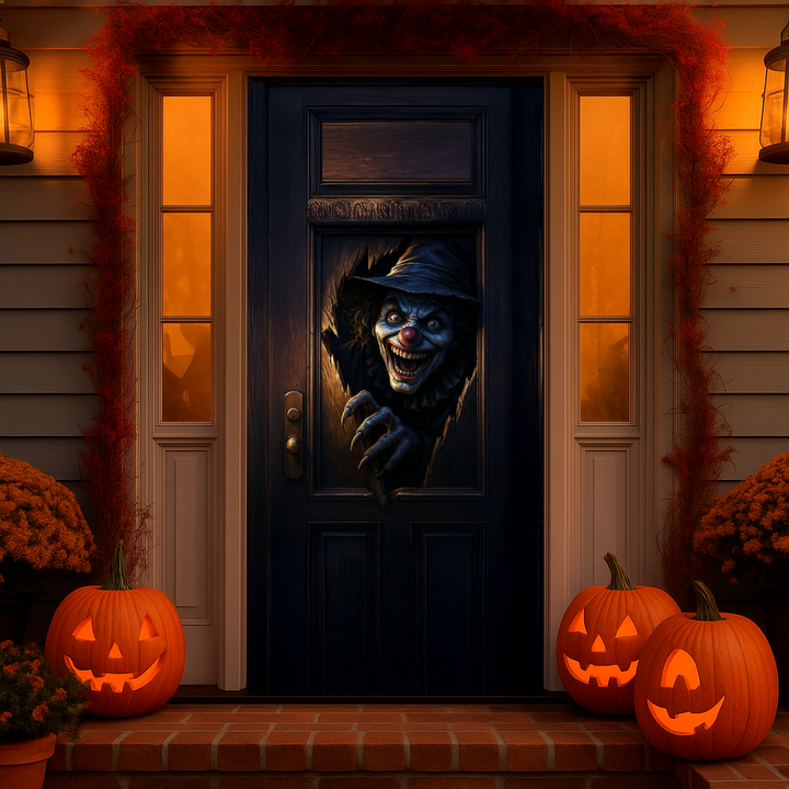 Funda puerta payaso de Halloween puesta en la puerta de entrada de una casa decorada con calabazas