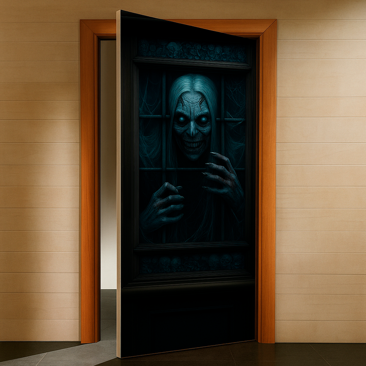 Funda puerta vieja de Halloween en una puerta de habitación entreabierta