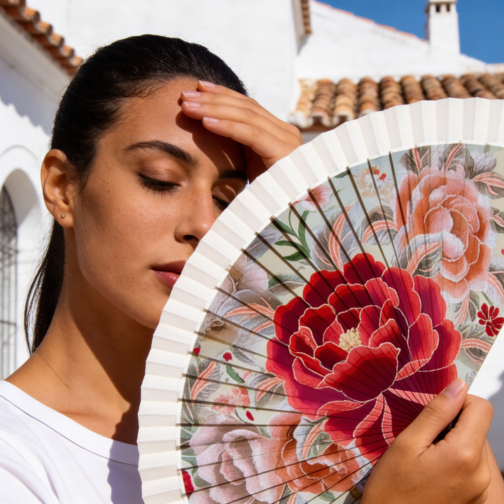 Abanico Mantón Manila PEONÍA ROJA