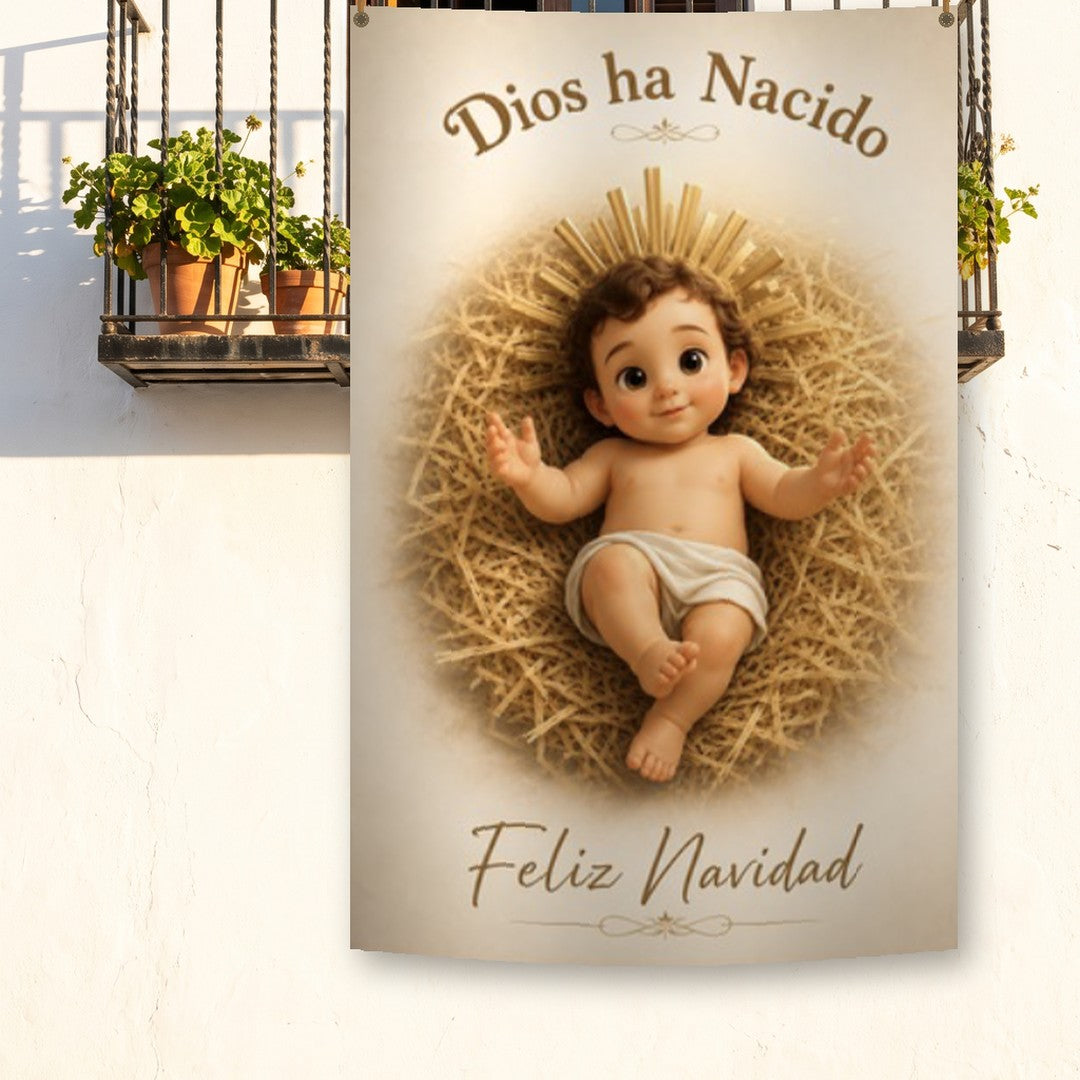 Balconera de Navidad Feliz Navidad modelo 100 colgada en un balcón | Banderas Porras