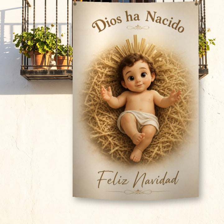 Balconera de Navidad Feliz Navidad modelo 100 colgada en un balcón | Banderas Porras