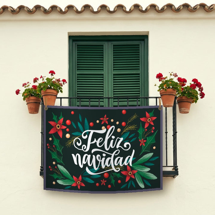 Balconera de Navidad Feliz Navidad modelo 47 colgada en un balcón | Banderas Porras