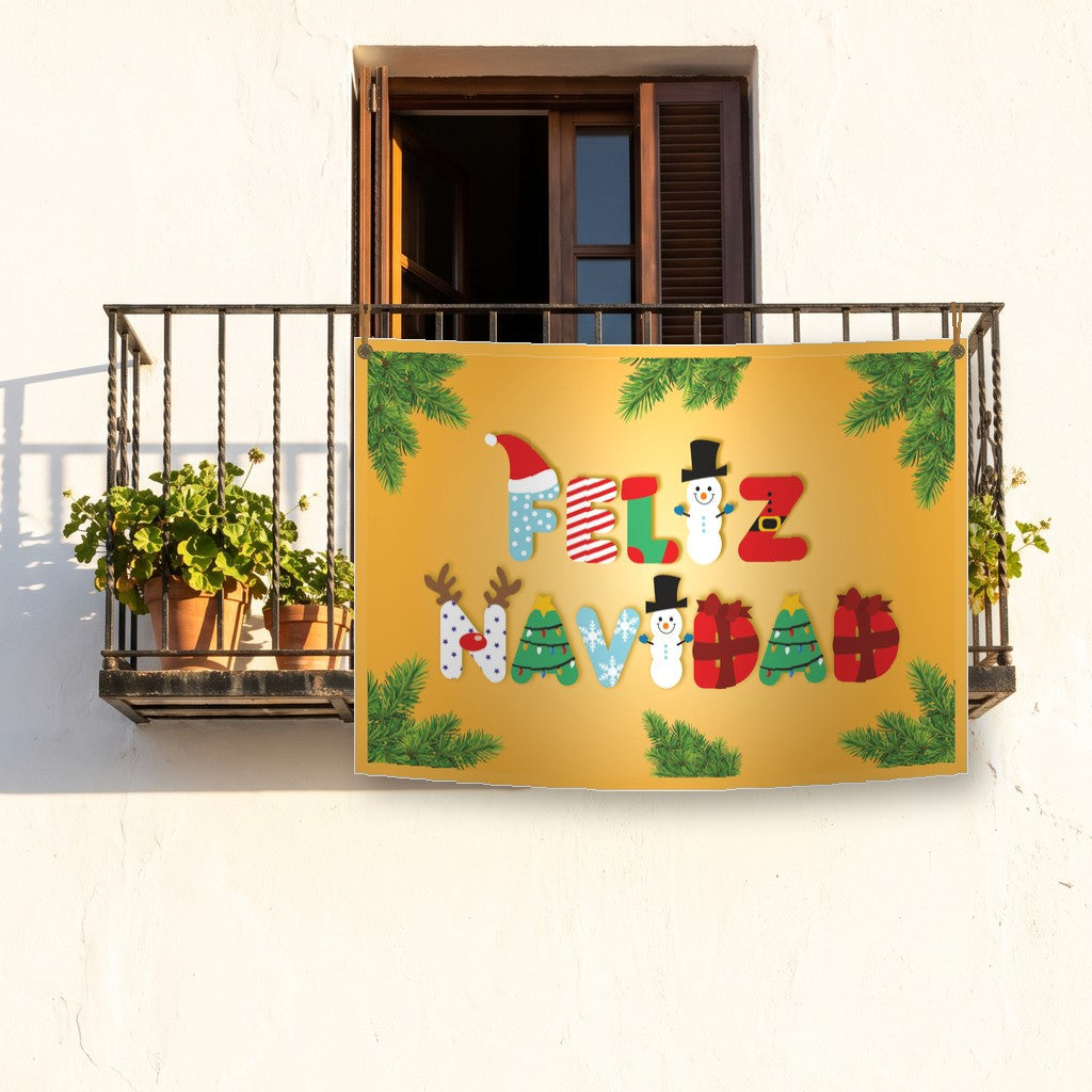 Balconera de Navidad Feliz Navidad modelo 71 colgada en un balcón | Banderas Porras