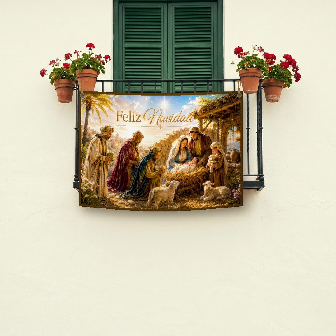 Balconera de Navidad Feliz Navidad modelo 83 colgada en un balcón | Banderas Porras