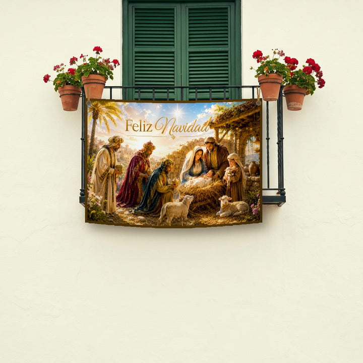 Balconera de Navidad Feliz Navidad modelo 83 colgada en un balcón | Banderas Porras