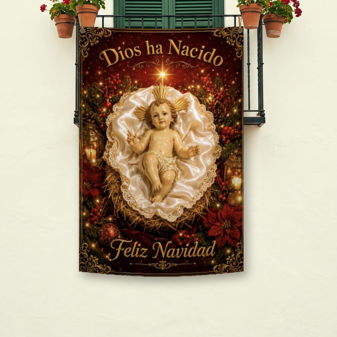 Balconera de Navidad Feliz Navidad modelo 85 colgada en un balcón | Banderas Porras