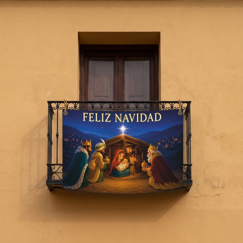 Balconera de Navidad Feliz Navidad modelo 94 colgada en un balcón | Banderas Porras