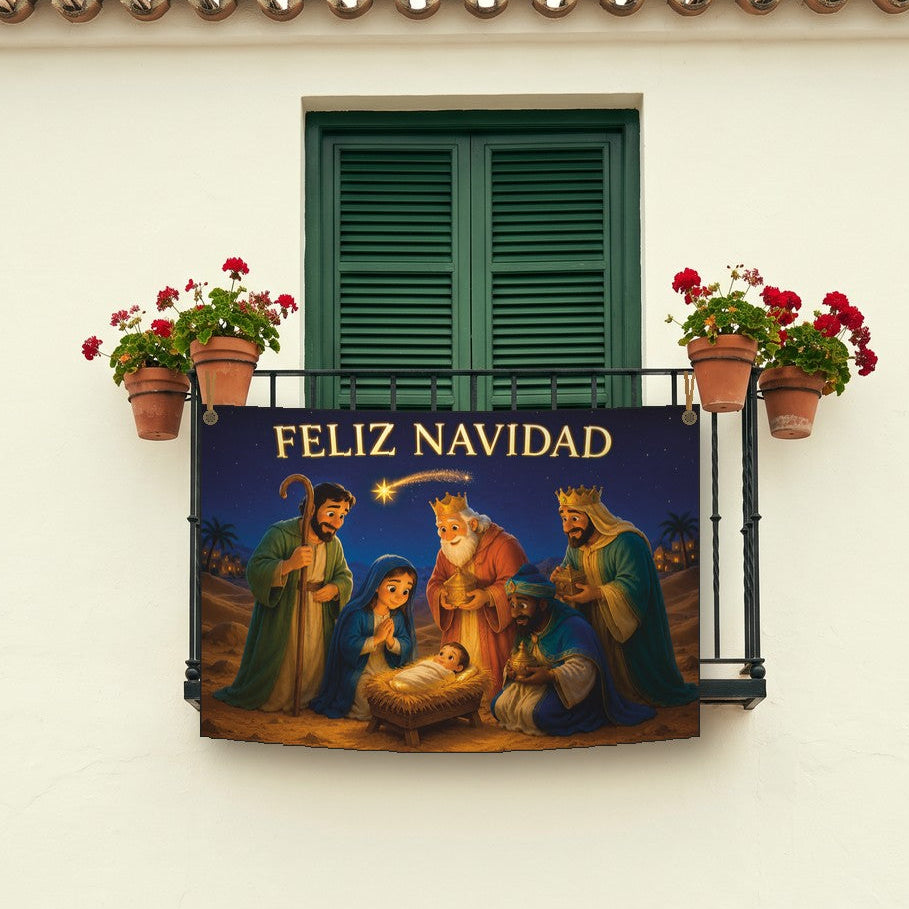 Balconera de Navidad Feliz Navidad modelo 95 colgada en un balcón | Banderas Porras