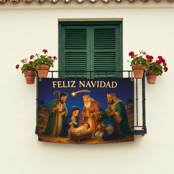 Balconera de Navidad Feliz Navidad modelo 95 colgada en un balcón | Banderas Porras