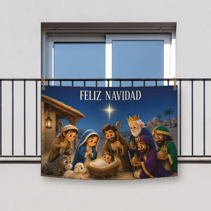 Balconera de Navidad Feliz Navidad modelo 96 colgada en un balcón | Banderas Porras