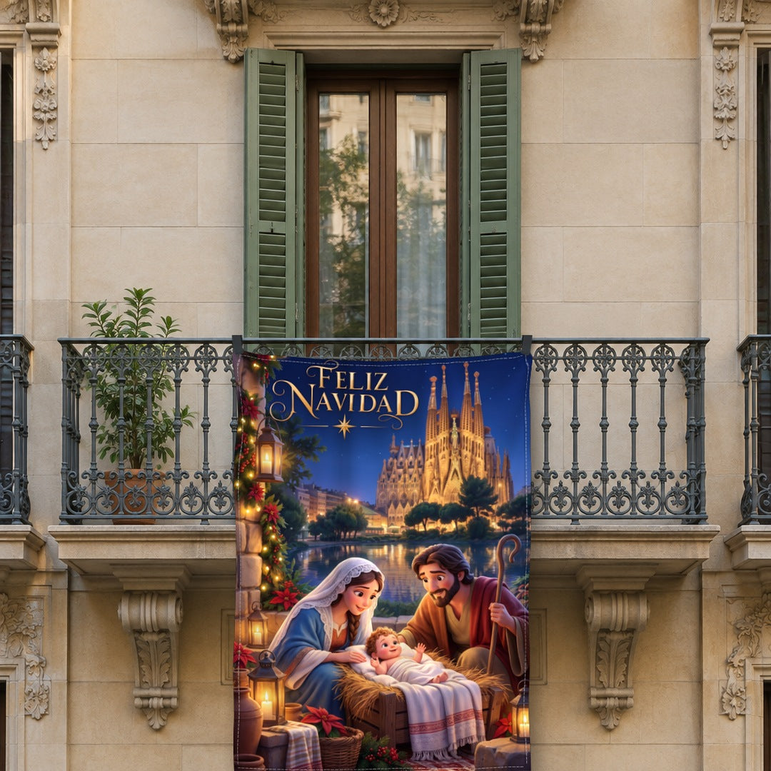 Balconera de Navidad Barcelona Sagrada Familia infantil colgada en un balcón | Banderas Porras
