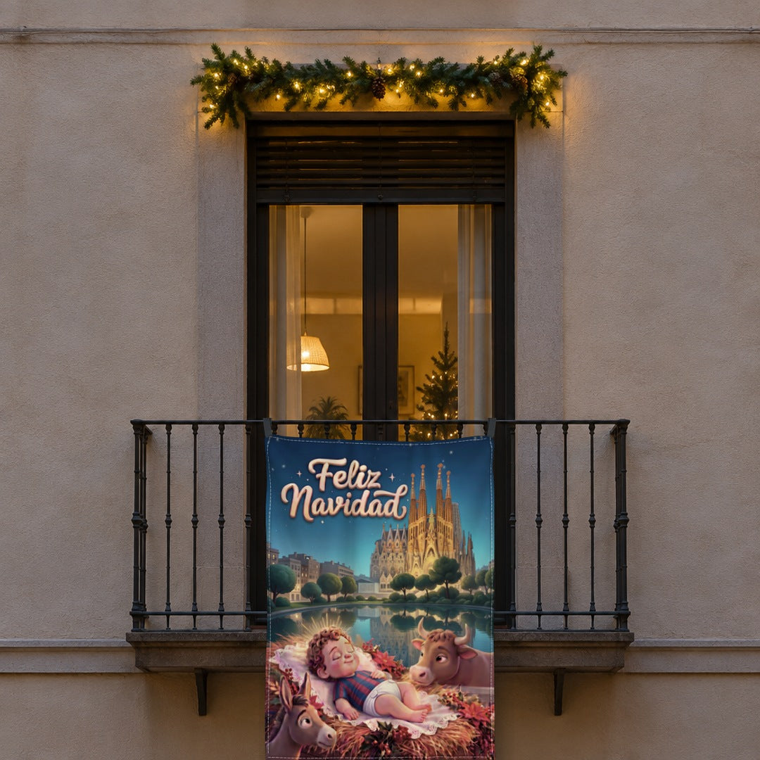 Balconera de Navidad Barcelona Niño Jesús blaugrana colgada en una ventana | Banderas Porras
