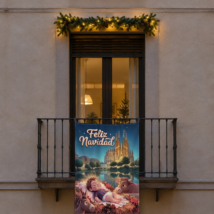 Balconera de Navidad Barcelona Niño Jesús blaugrana colgada en una ventana | Banderas Porras