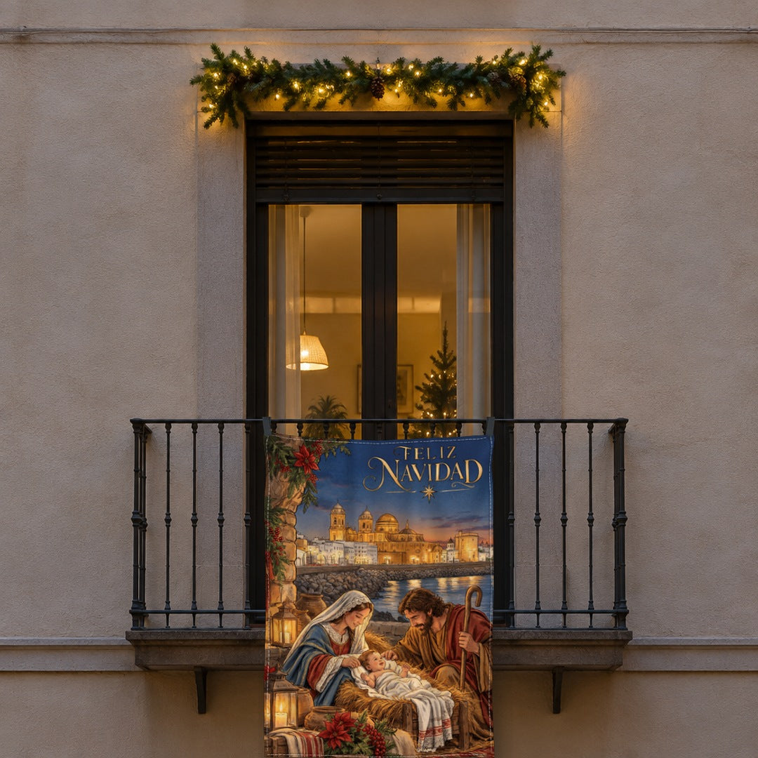Balconera de Navidad Cádiz modelo CAD2 (ilustrada) colgada en una ventana | Banderas Porras