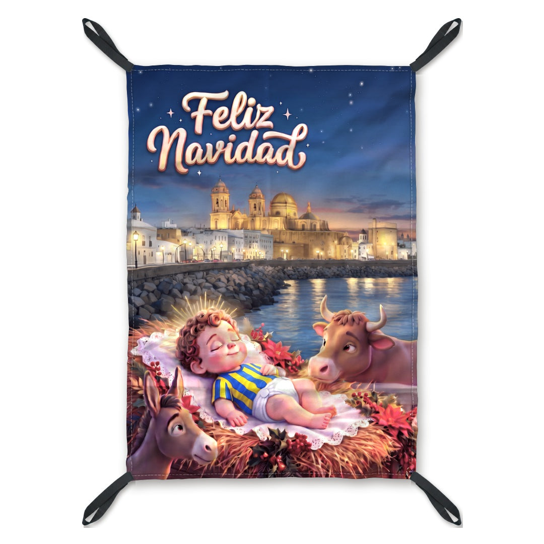 Balconera de Navidad Cádiz modelo CAD4 (Niño Jesús amarillo y azul) con lazos en las esquinas | Banderas Porras