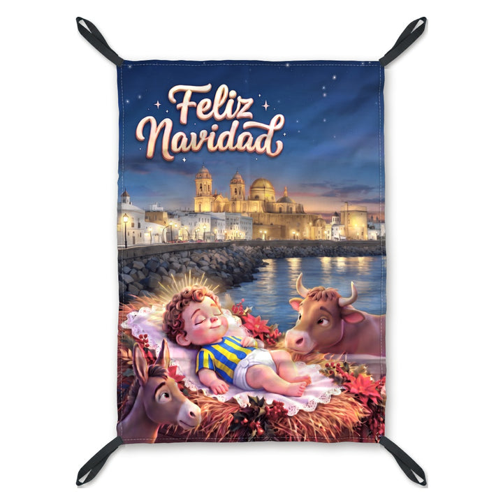 Balconera de Navidad Cádiz modelo CAD4 (Niño Jesús amarillo y azul) con lazos en las esquinas | Banderas Porras
