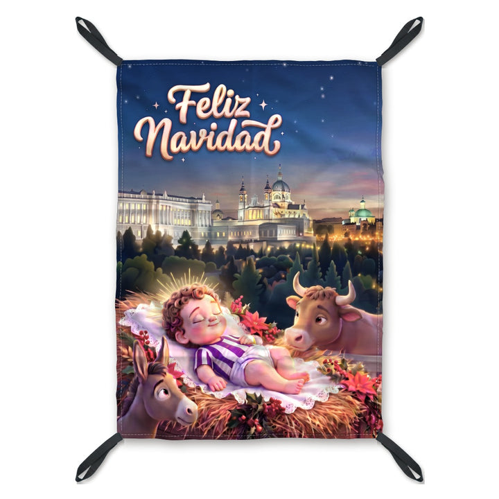Balconera de Navidad Madrid modelo MAD4 (Niño Jesús morado y blanco) con lazos en las esquinas | Banderas Porras