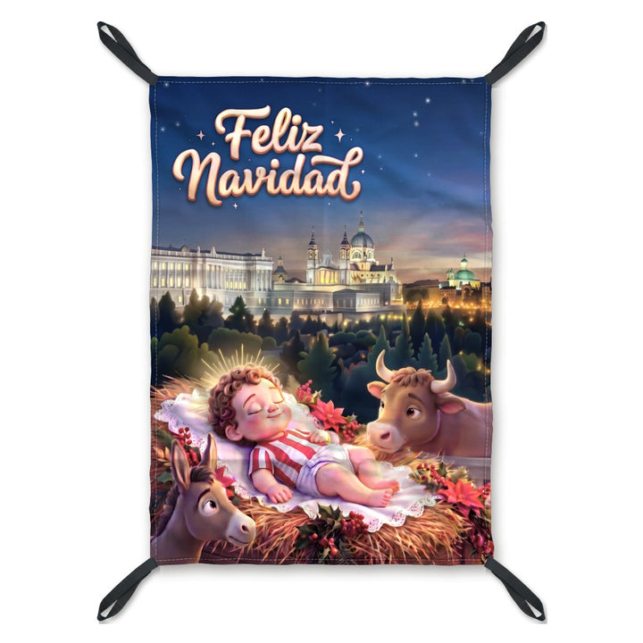 Balconera de Navidad Madrid modelo MAD5 (Niño Jesús rojo y blanco) con lazos en las esquinas | Banderas Porras