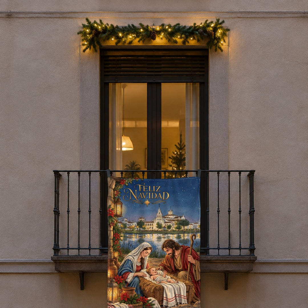 Balconera de Navidad El Rocío modelo ROC2 (ilustrada) colgada en una ventana | Banderas Porras