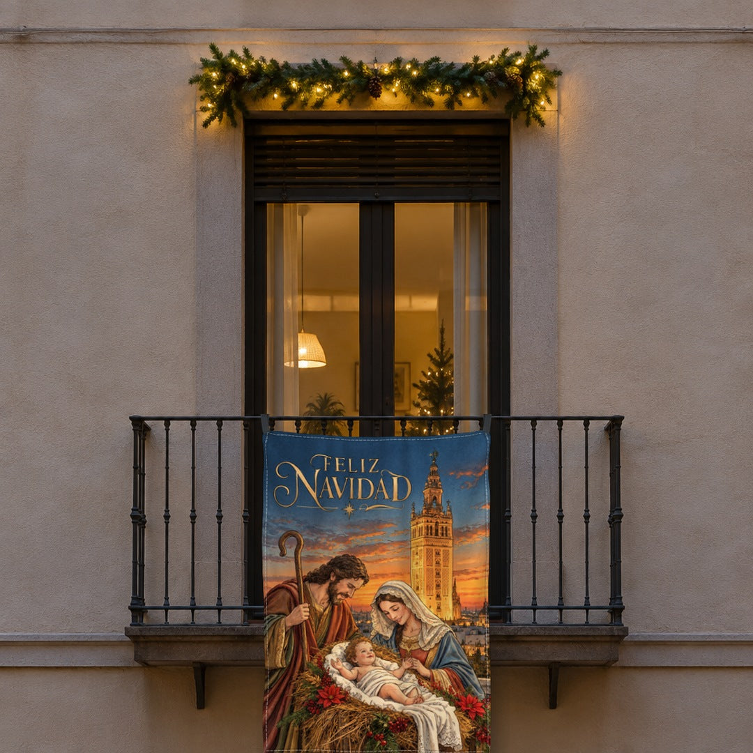 Balconera de Navidad Sevilla modelo SEV2 (ilustrada) colgada en una ventana | Banderas Porras