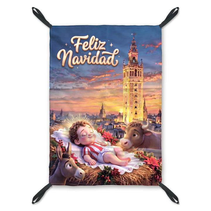 Balconera de Navidad Sevilla modelo SEV4 (Niño Jesús rojo y blanco) con lazos en las esquinas | Banderas Porras