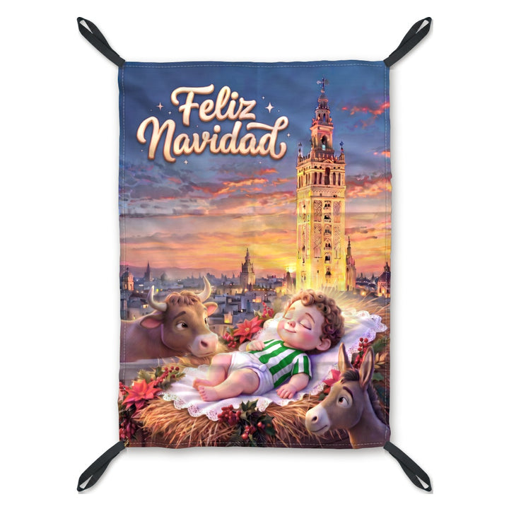 Balconera de Navidad Sevilla modelo SEV5 (Niño Jesús verde y blanco) con lazos en las esquinas | Banderas Porras