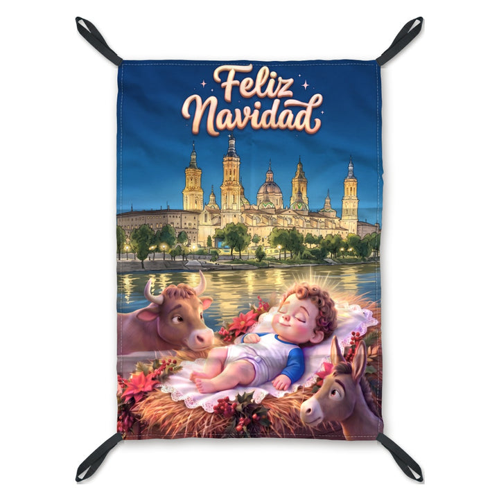 Balconera de Navidad Zaragoza modelo ZAR4 (Niño Jesús blanco y azul) con lazos en las esquinas | Banderas Porras