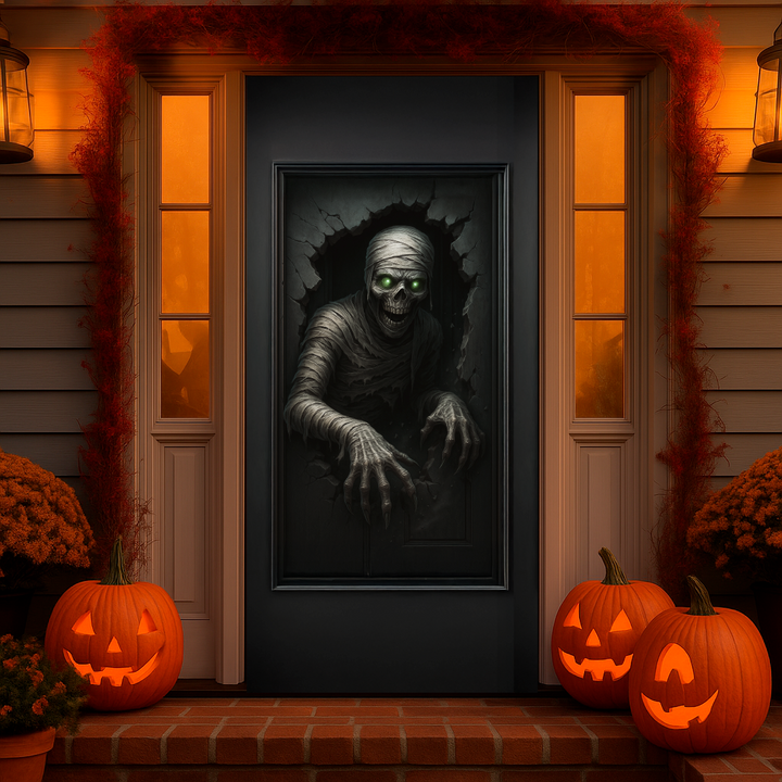 Funda puerta momia de Halloween puesta en la puerta de entrada de una casa decorada con calabazas