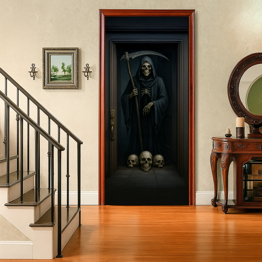 Funda puerta muerte de Halloween puesta en una puerta interior junto a la escalera