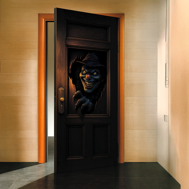 Funda puerta payaso de Halloween en una puerta de habitación entreabierta