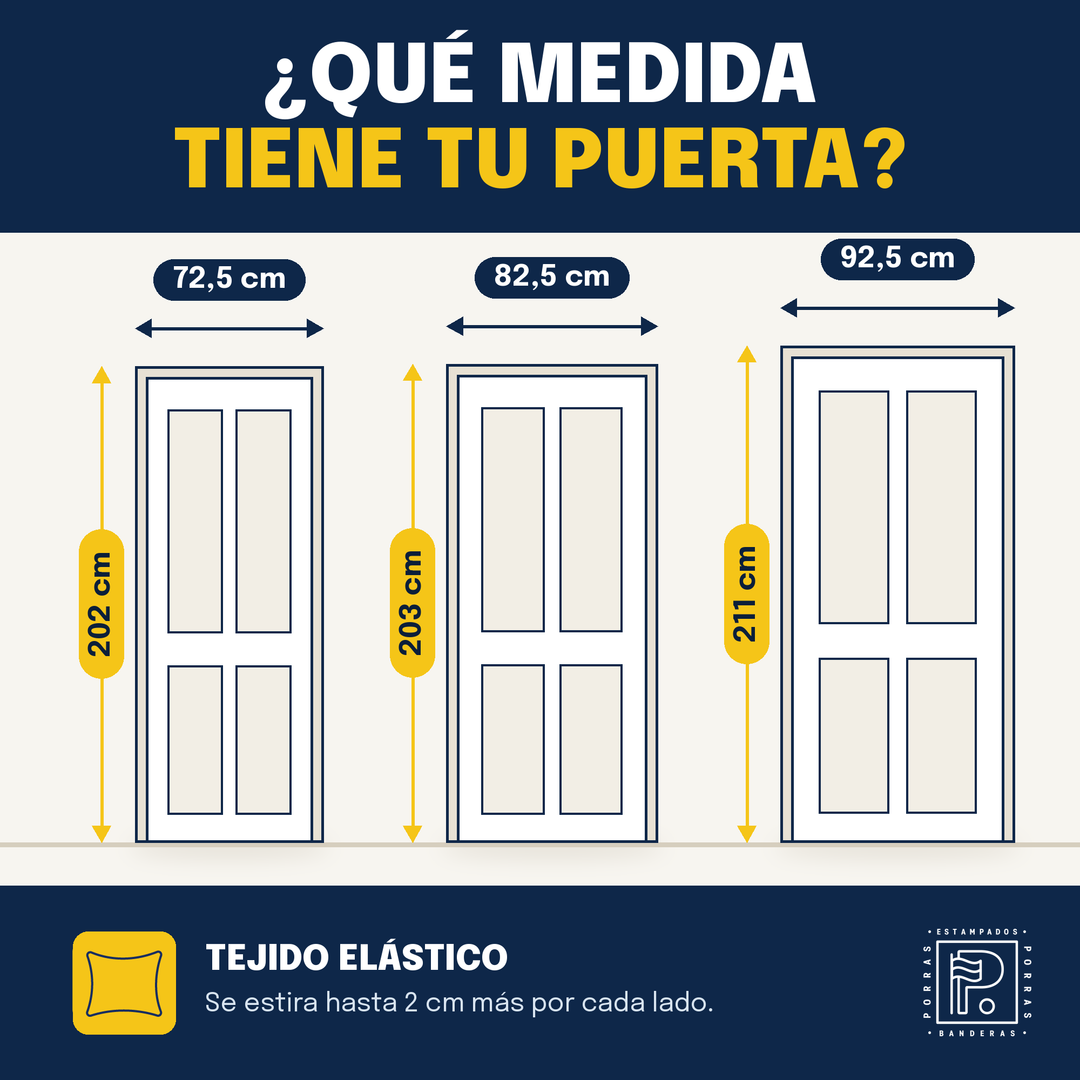 Guía de medidas de las fundas de puerta: 72,5 x 202 cm, 82,5 x 203 cm y 92,5 x 211 cm, tejido elástico