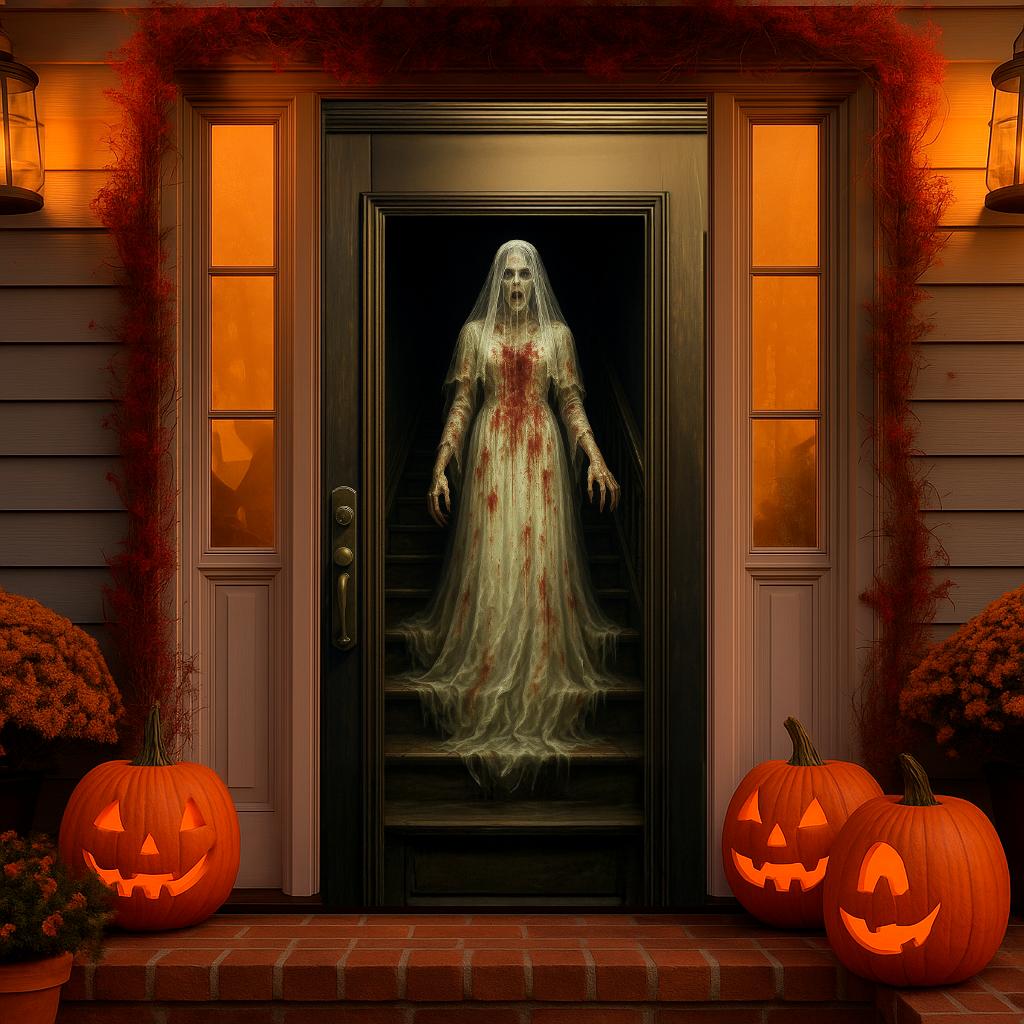 Funda puerta novia de Halloween puesta en la puerta de entrada de una casa decorada con calabazas