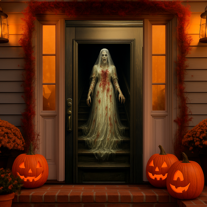 Funda puerta novia de Halloween puesta en la puerta de entrada de una casa decorada con calabazas