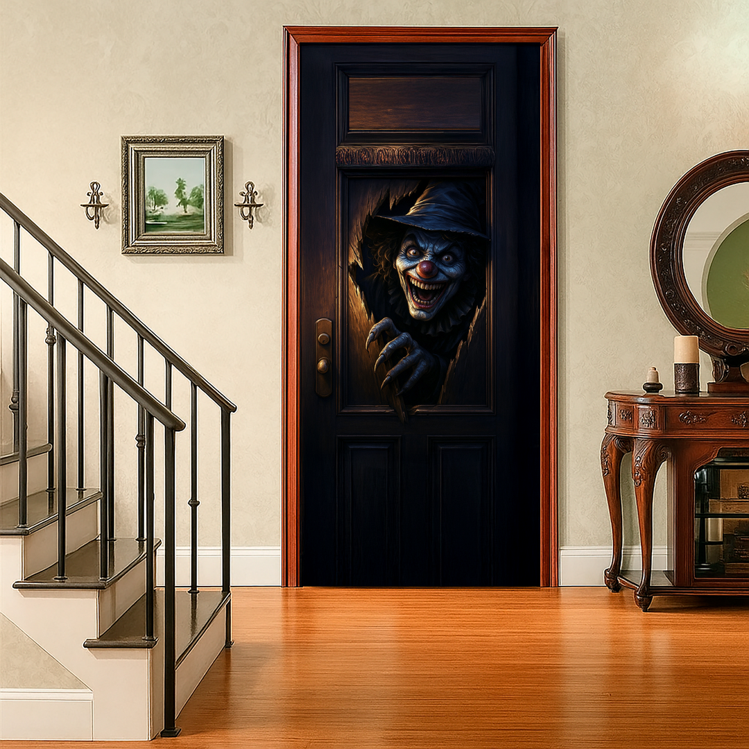 Funda puerta payaso de Halloween puesta en una puerta interior junto a la escalera